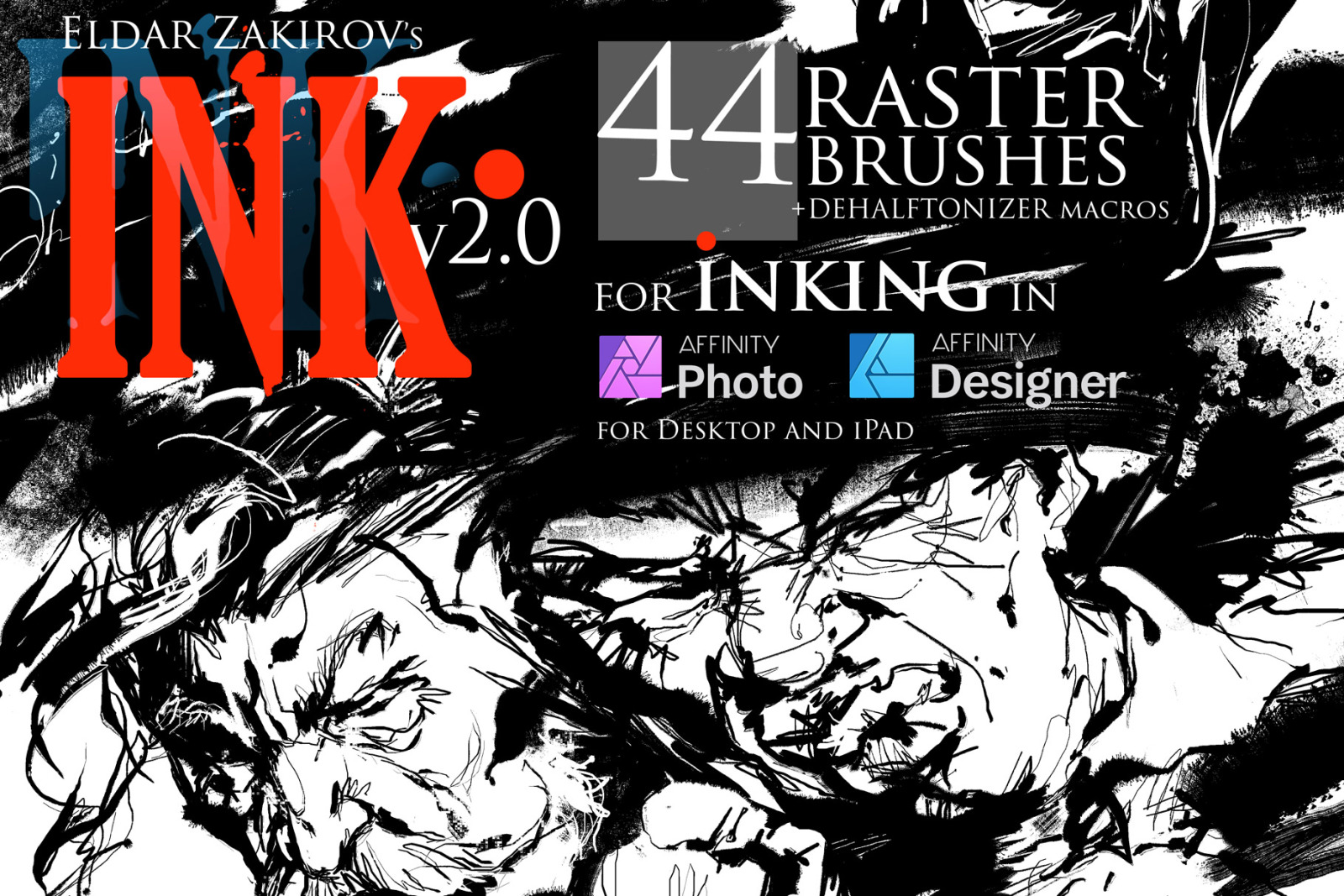 INK. for Affinity Photo &amp; Designer: 44 raster Brushes + Dehalftonizer macros