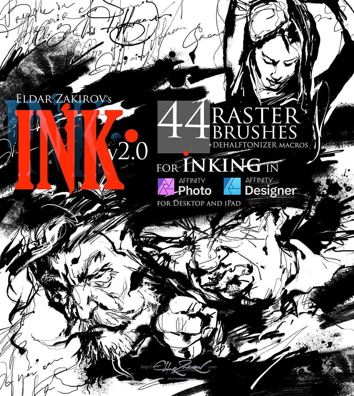 INK. for Affinity Photo &amp; Designer: 44 raster Brushes + Dehalftonizer macros