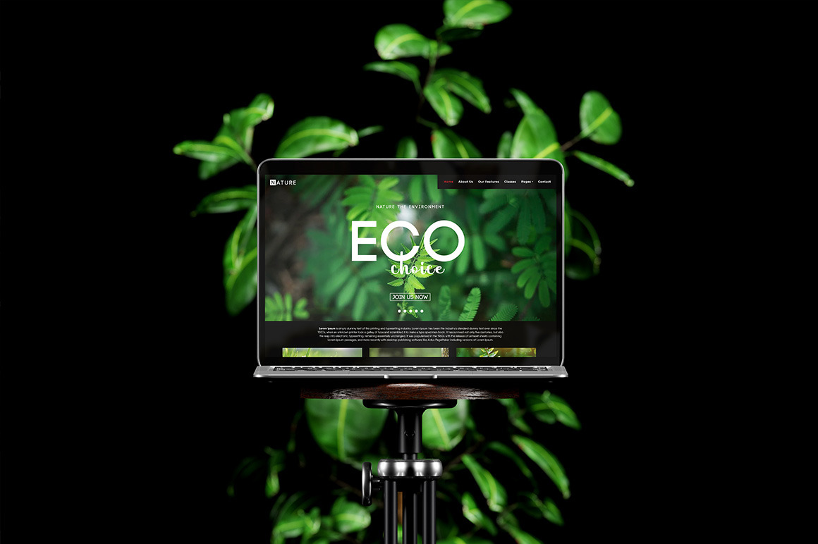 Laptop on Vintage Chair with Green Plant Mockup Laptop on Vintage Chair with Green Plant Mockup