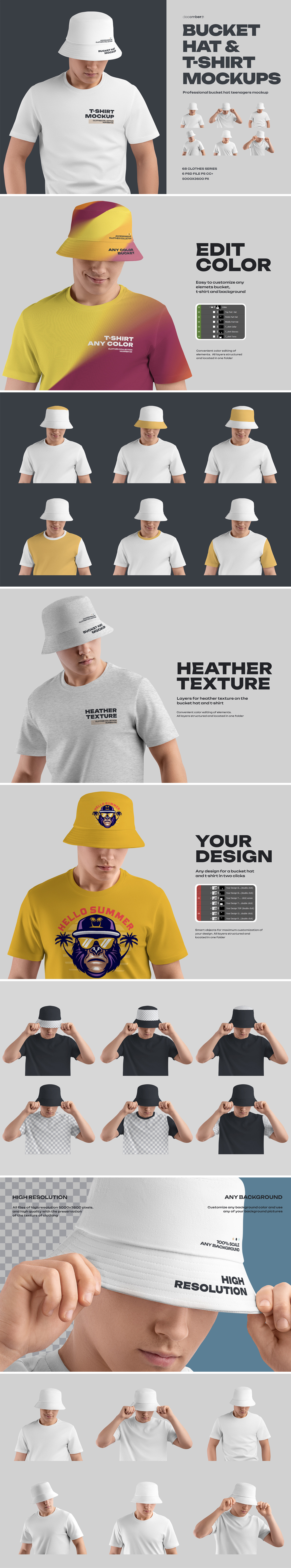 6 Mockups Bucket Hat and T-Shirt