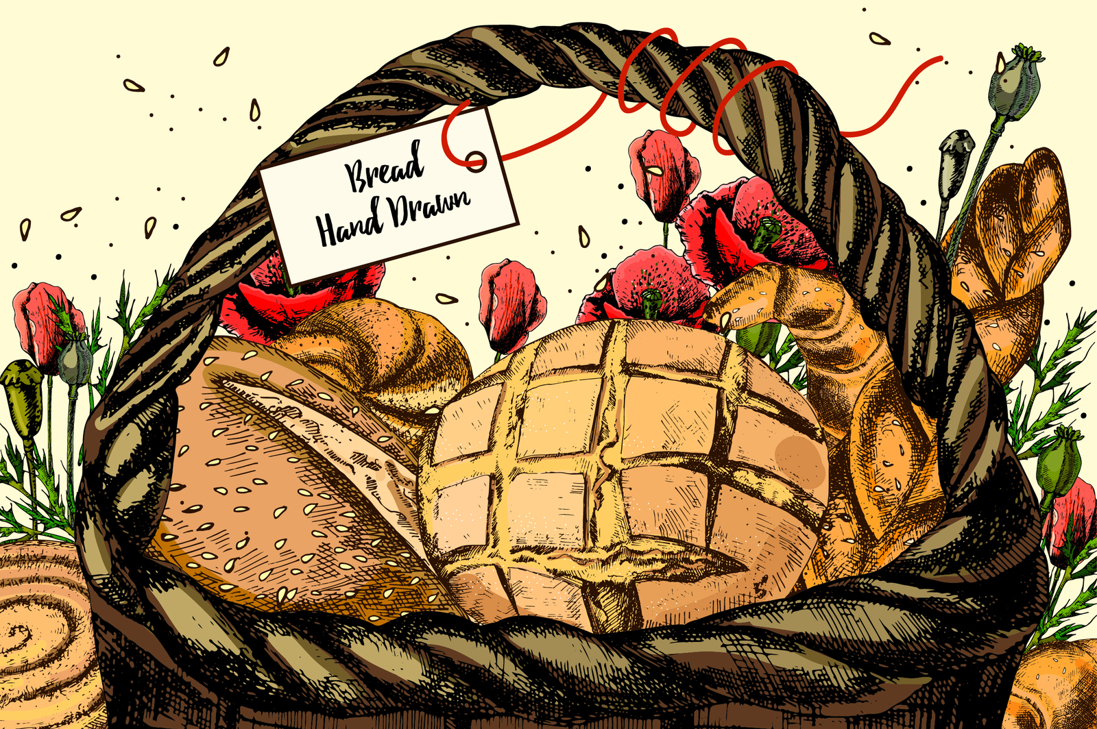 Bread and pastries. Hand drawing. Bread and pastries. Hand drawing.