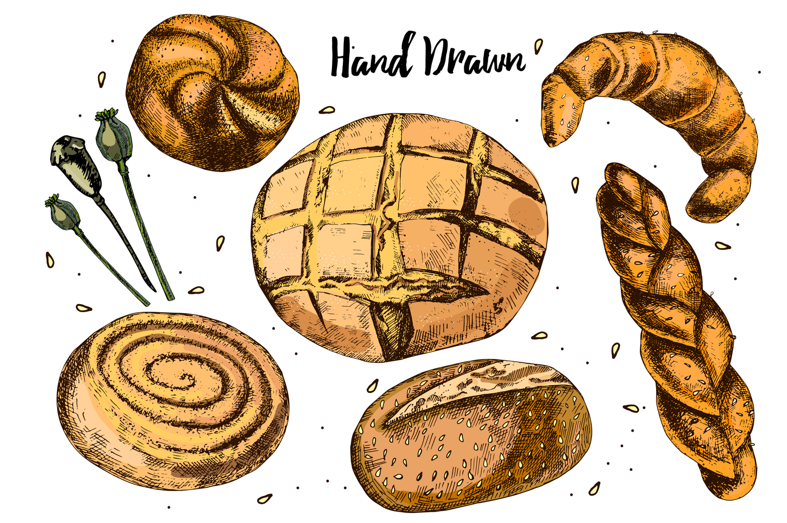 Bread and pastries. Hand drawing. Bread and pastries. Hand drawing.