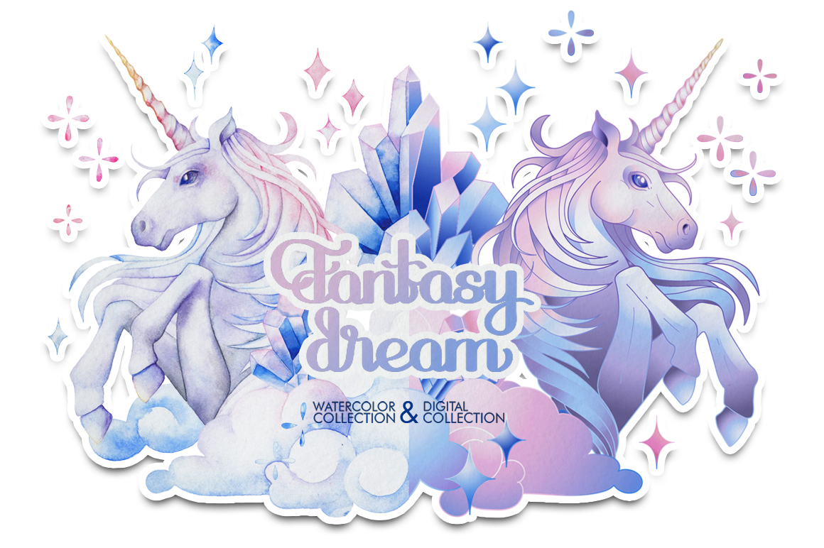 Watercolor unicorn and crystals Watercolor unicorn and crystals