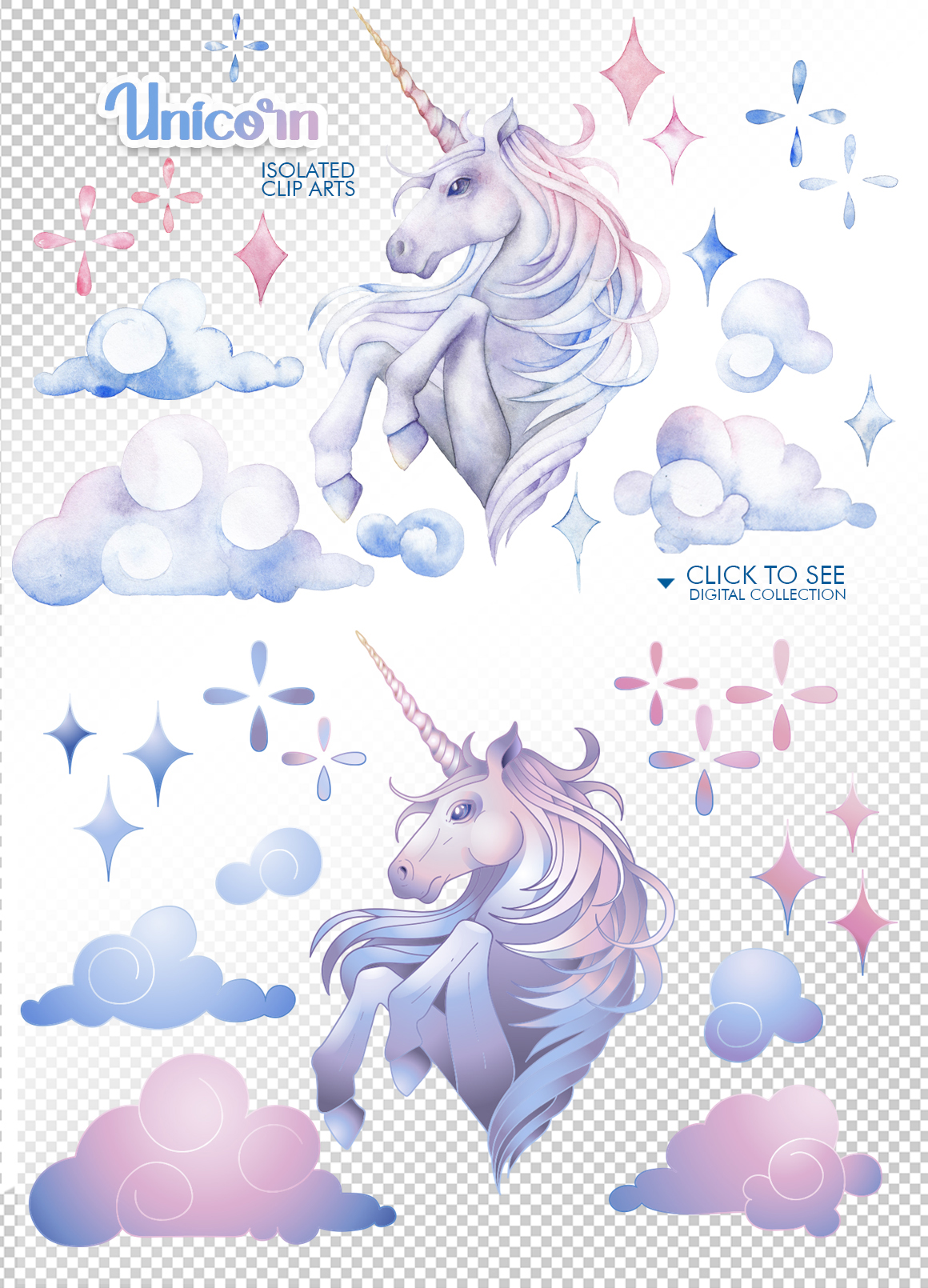 Watercolor unicorn and crystals