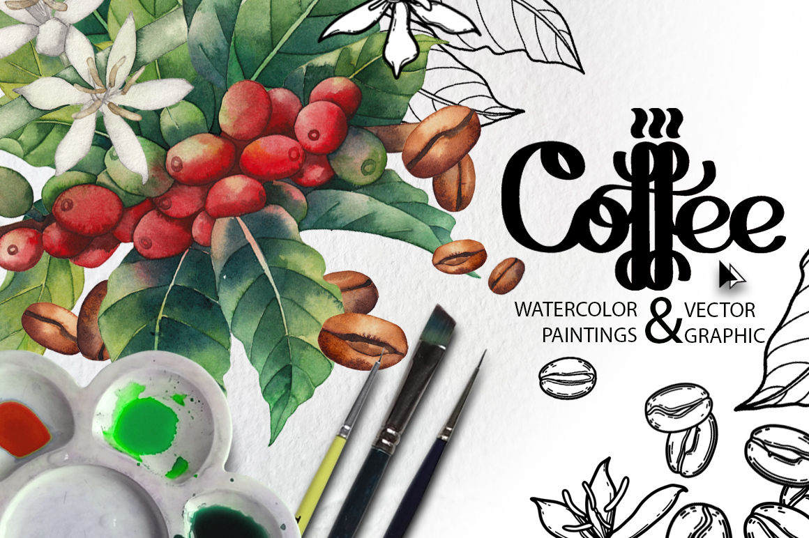 Watercolor and graphic coffee plants Watercolor and graphic coffee plants