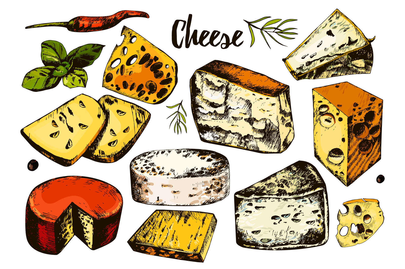 Collection of hand drawing cheeses Collection of hand drawing cheeses