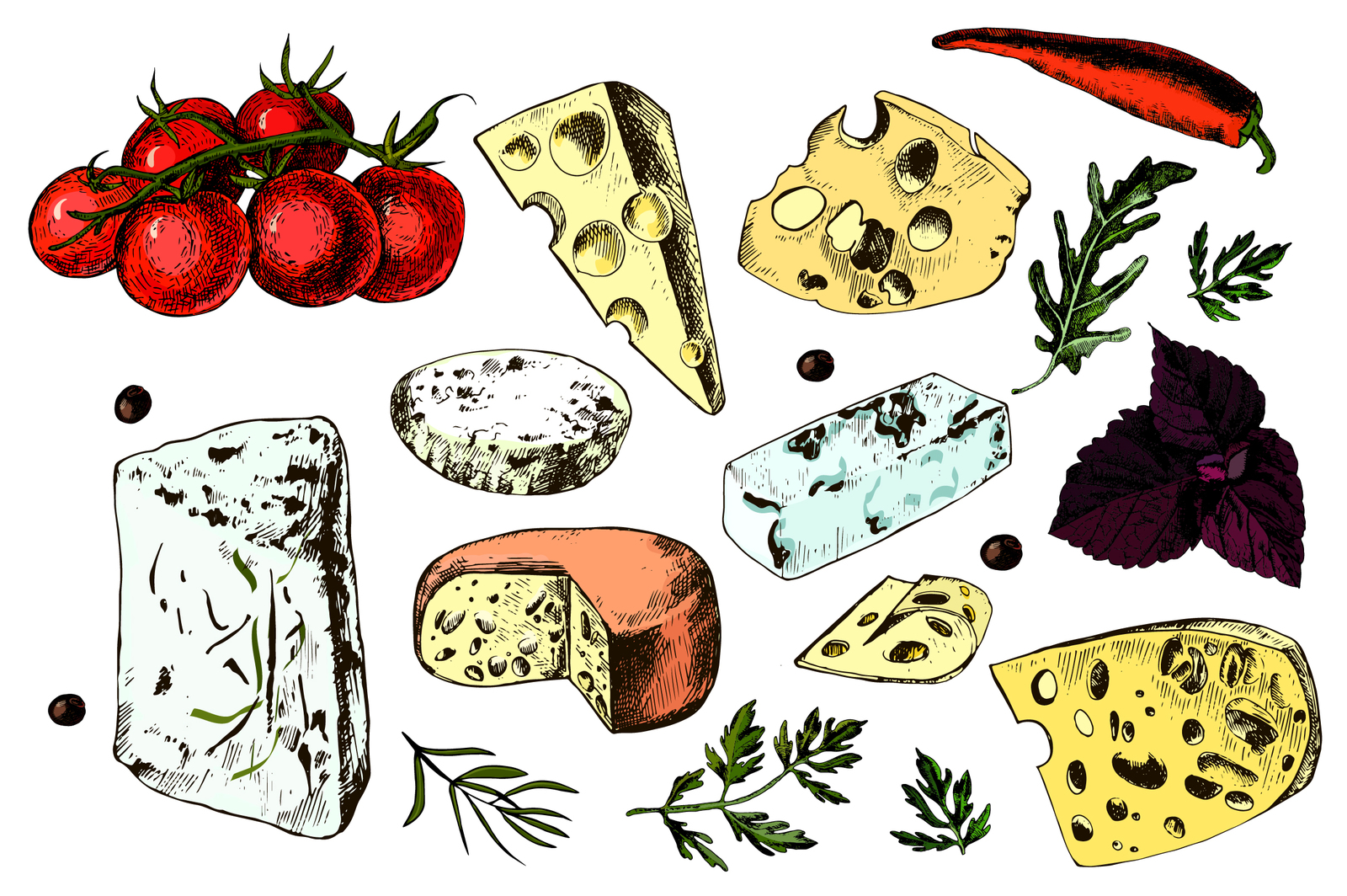 Collection of hand drawing cheeses