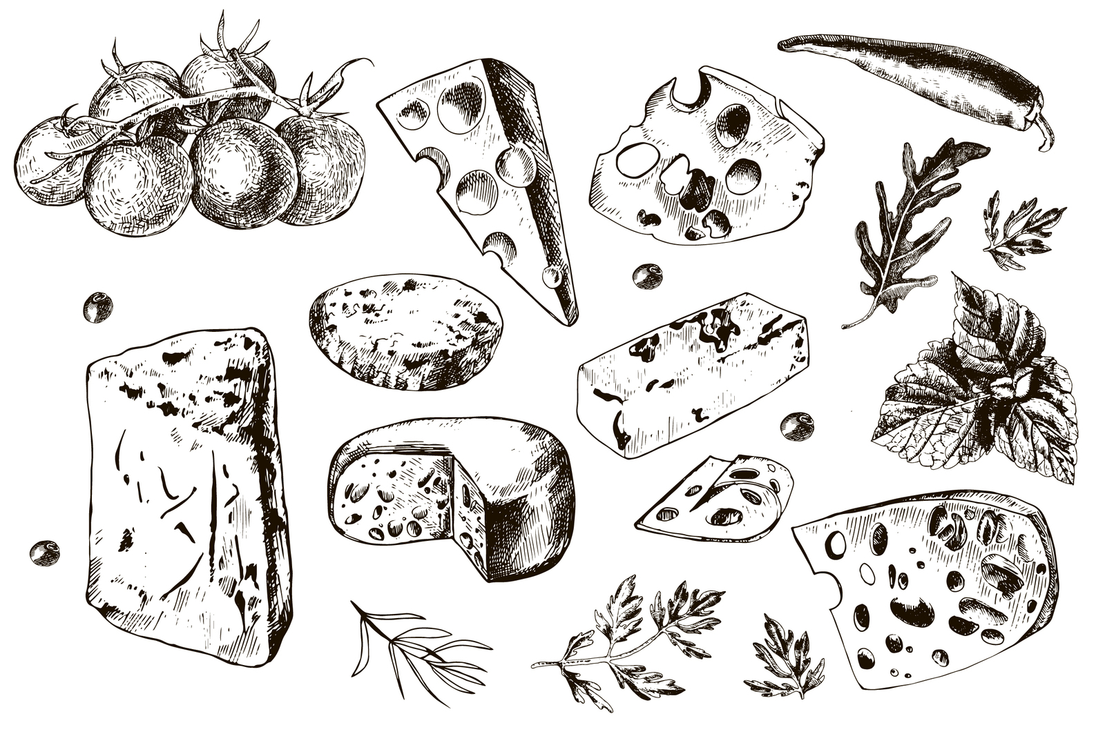 Collection of hand drawing cheeses Collection of hand drawing cheeses