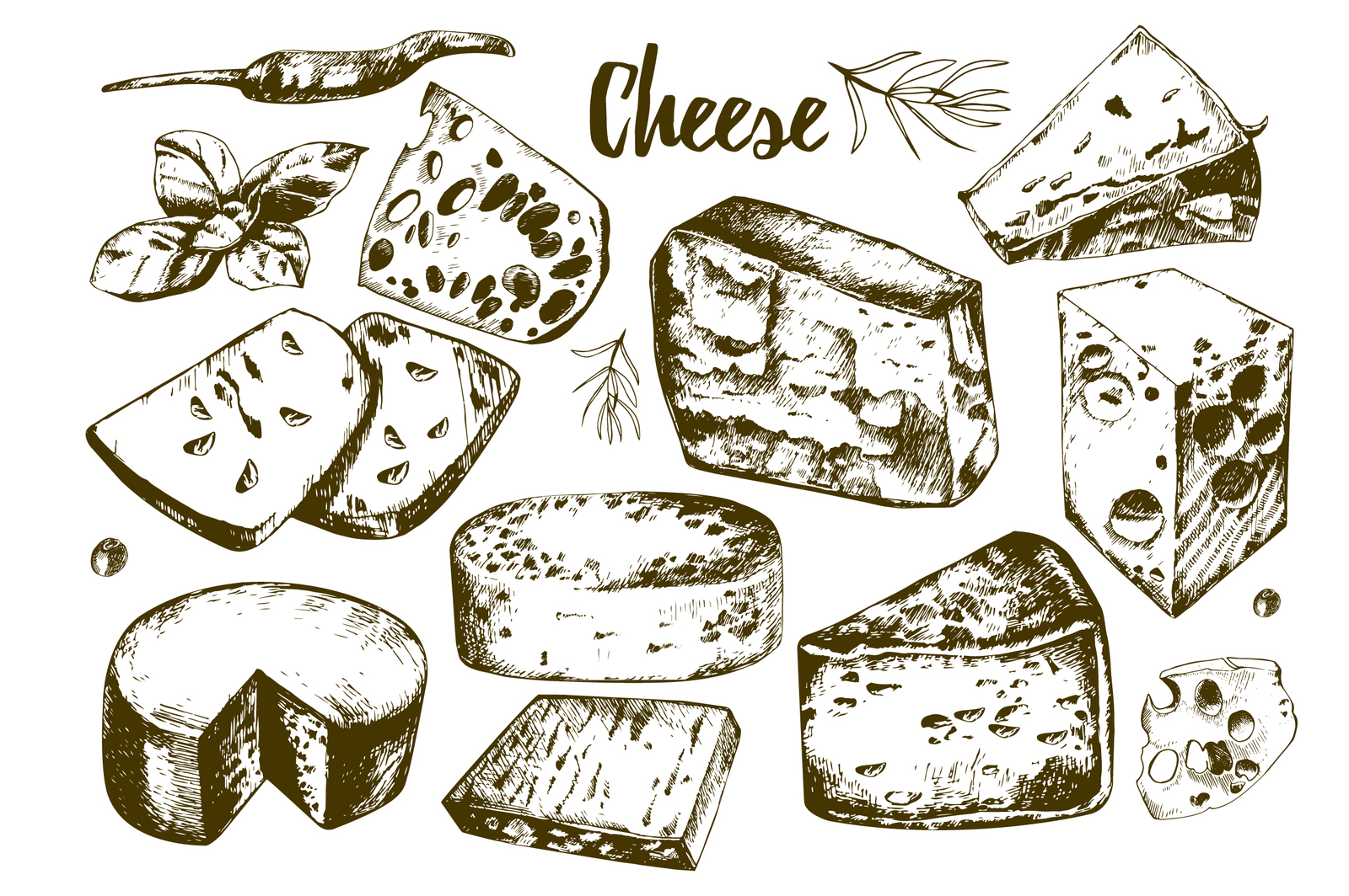 Collection of hand drawing cheeses