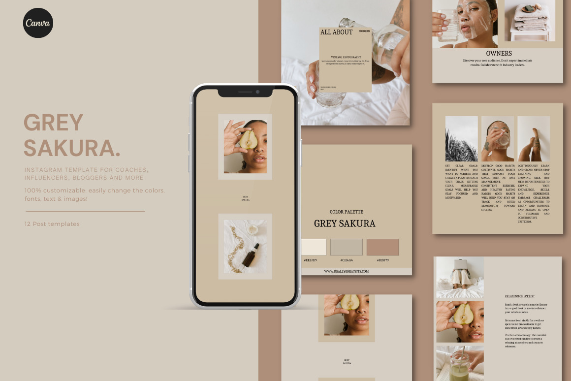 Grey Sakura - 12 CANVA Instagram Post Templates