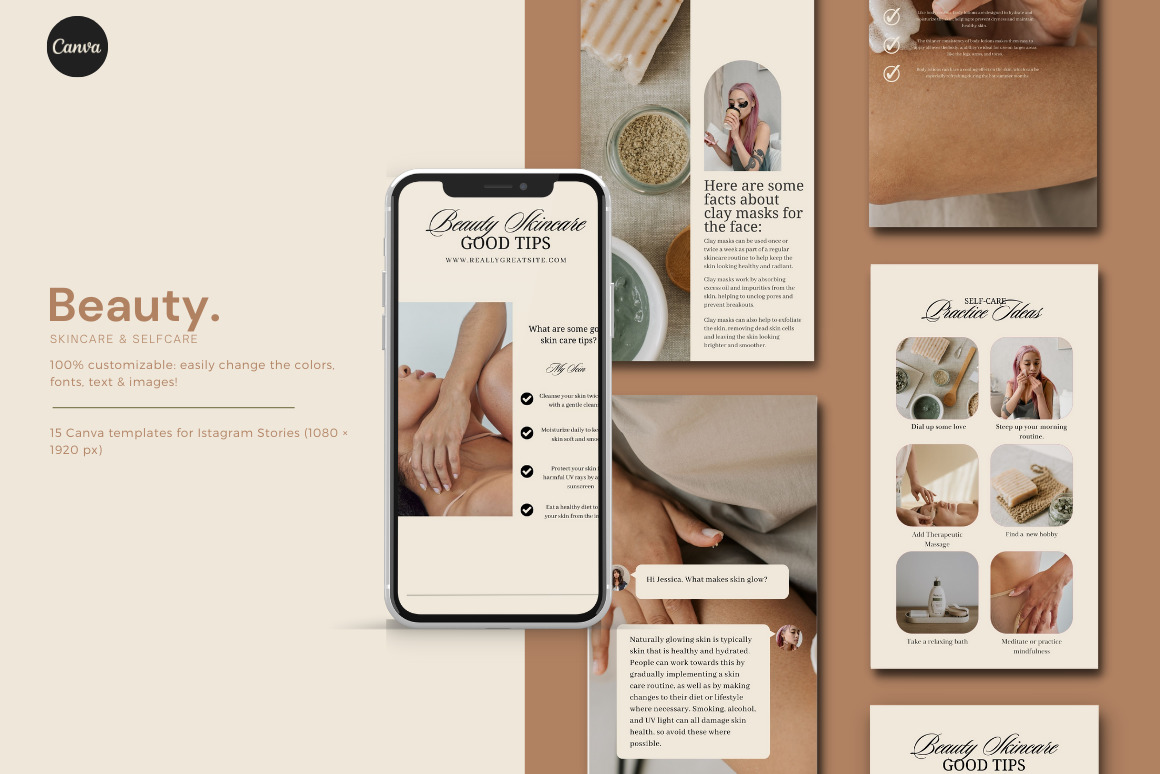 15 Elegant Instagram Story Canva Templates - Skincare &amp; Selfcare Social Media