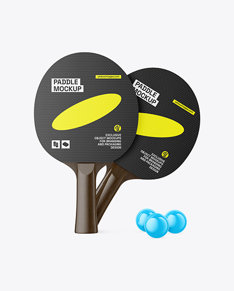 Two Ping Pong Paddles with Dark Wooden Handles & Balls Mockup