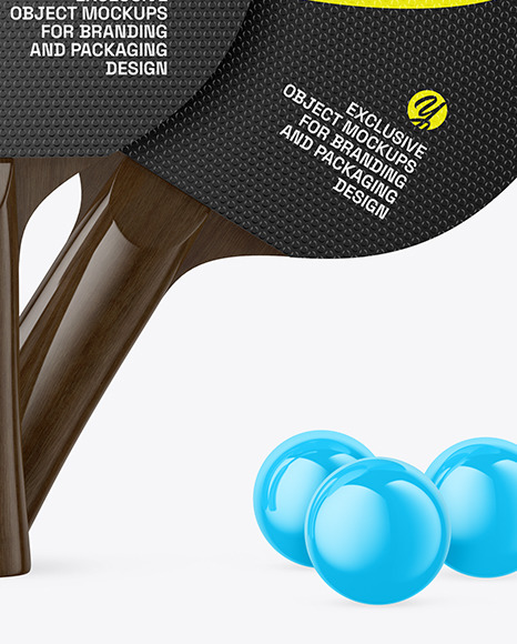 Two Ping Pong Paddles with Dark Wooden Handles & Balls Mockup