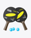 Two Ping Pong Paddles with Dark Wooden Handles & Balls Mockup