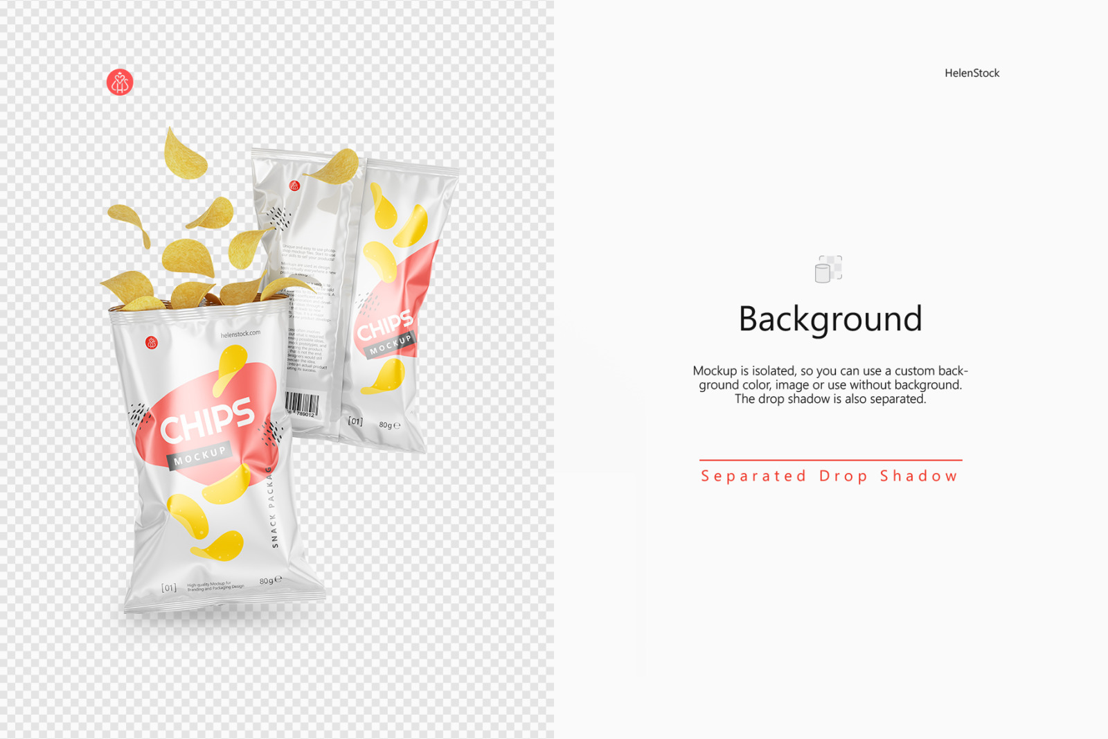 Two Glossy Snack Package with Chips Mockup Two Glossy Snack Package with Chips Mockup