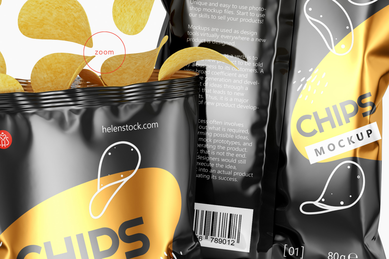 Two Glossy Snack Package with Chips Mockup Two Glossy Snack Package with Chips Mockup