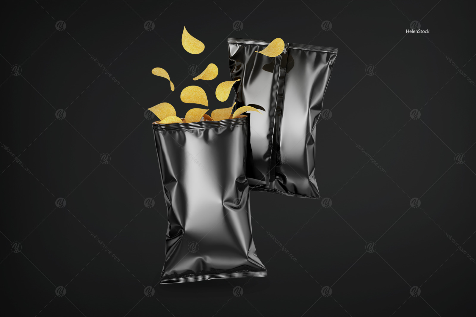 Two Glossy Snack Package with Chips Mockup Two Glossy Snack Package with Chips Mockup