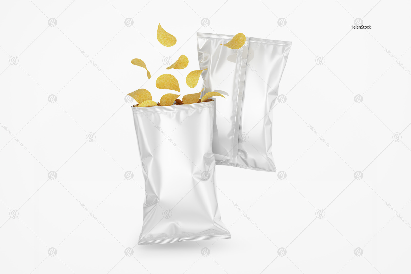 Two Glossy Snack Package with Chips Mockup Two Glossy Snack Package with Chips Mockup