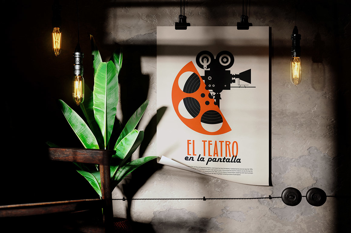 Poster On The Wall In Vintage Dark Interior Mockup