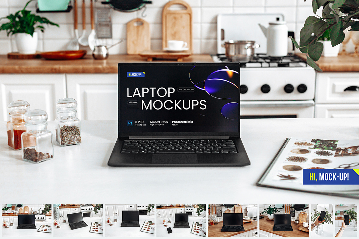 8 Device PSD Mockups | LAPTOP + IPHONE