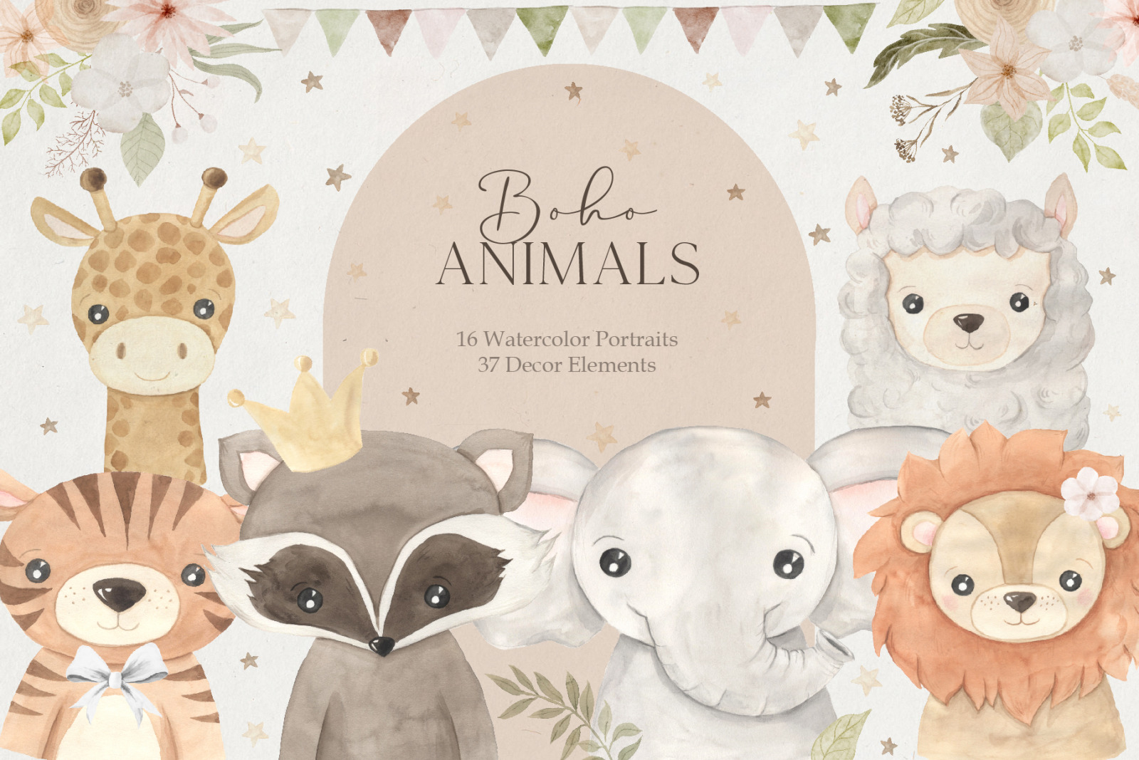 Boho Animal Portraits watercolor set