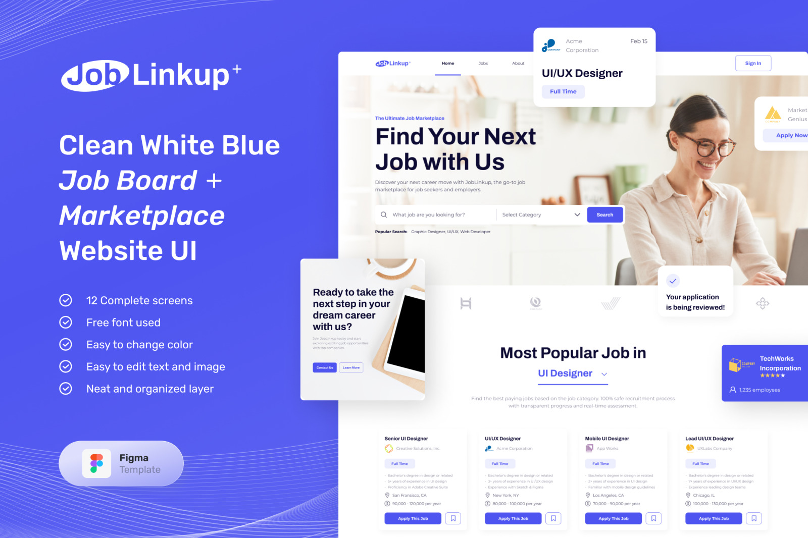 Joblinkedup, the clean white blue job board marketplace website