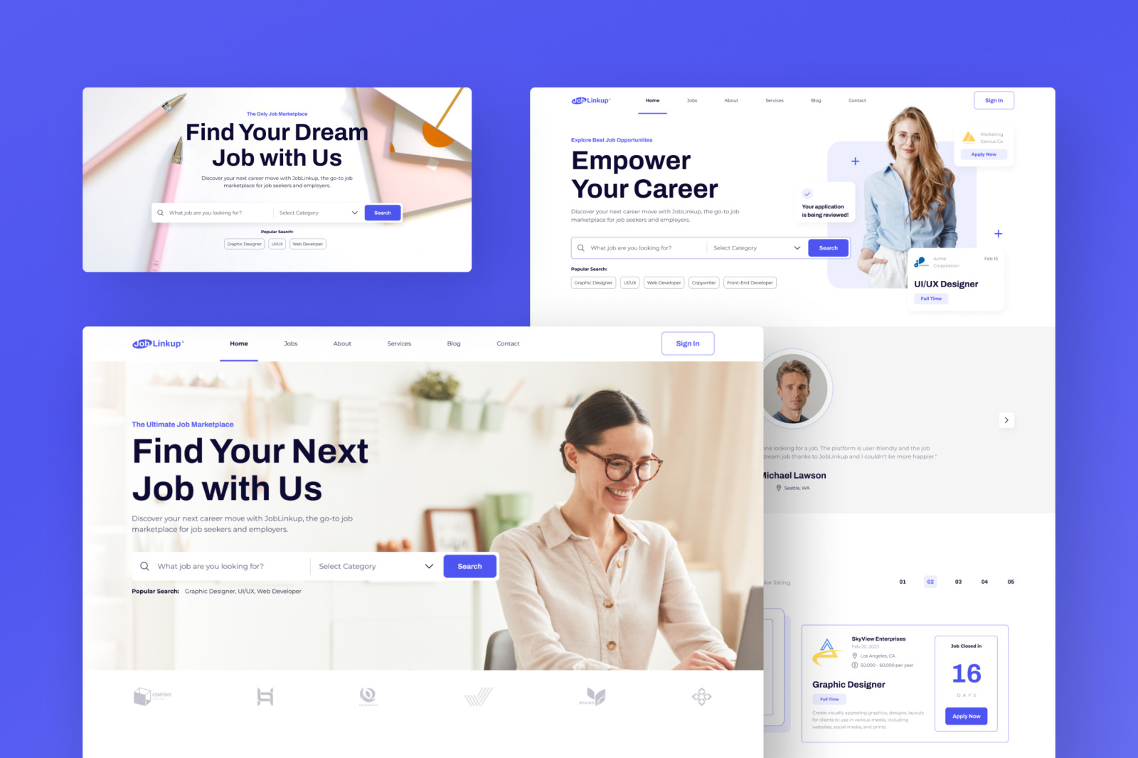 Joblinkedup, the clean white blue job board marketplace website