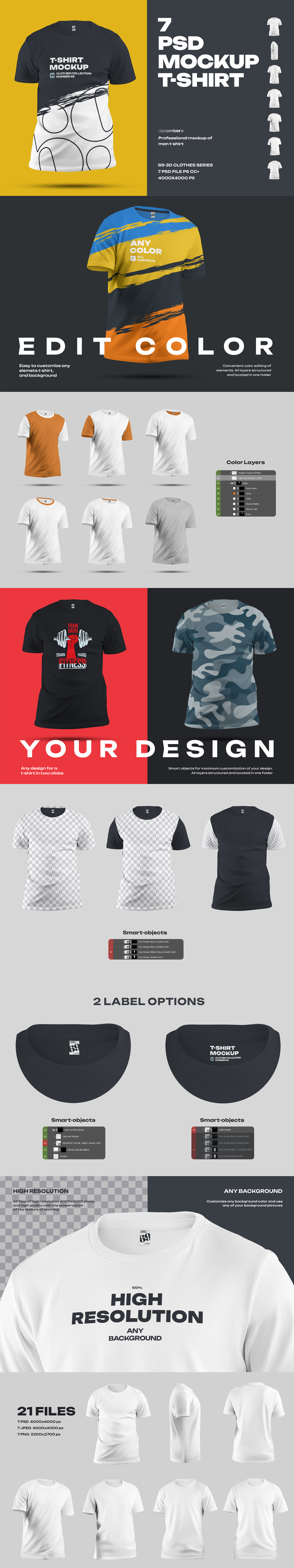 7 Mockups Man T-Shirt in 3D Style on Yellow Images Creative Store - 115579