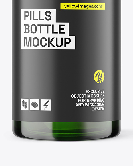 Green Glass Bottle With Pills Mockup