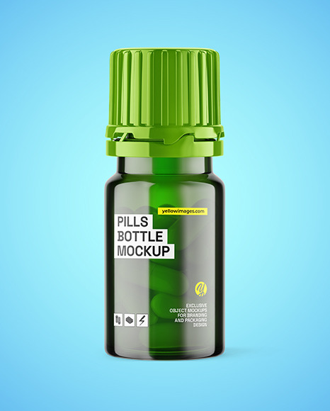 Green Glass Bottle With Pills Mockup