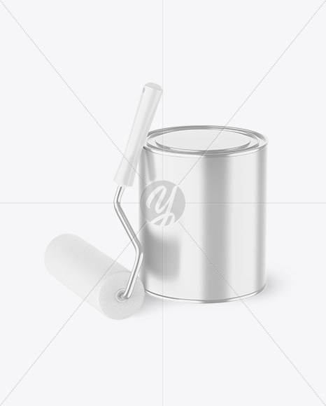 Metallic Paint Can With Roller Mockup