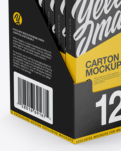 12 Boxes Pack Mockup - Half Side View (High Angle Shot)