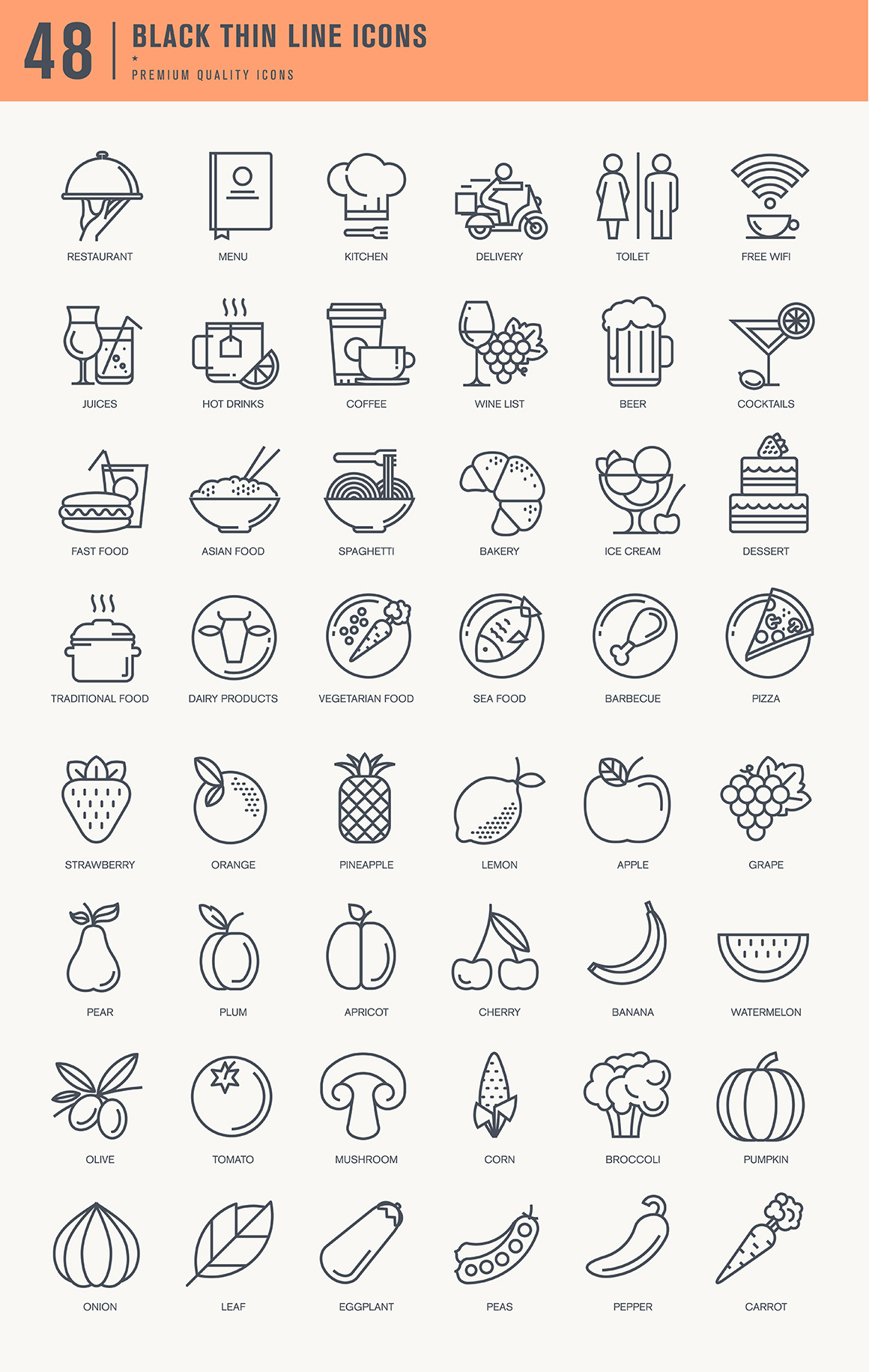Thin Line Icons Set for Restaurant, Food & Drink Thin Line Icons Set for Restaurant, Food & Drink