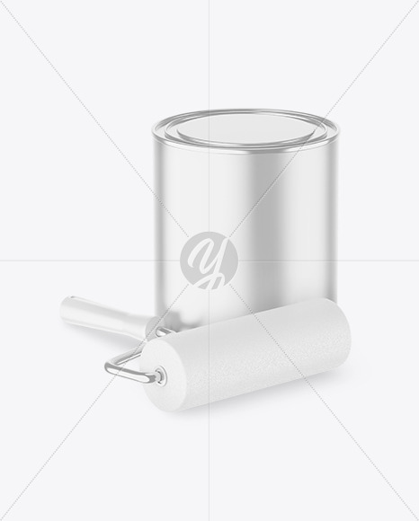 Metallic Paint Can With Roller Mockup