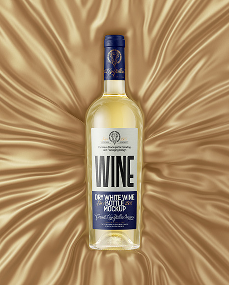 Clear Glass White Wine Bottle Lying on a Silk Cloth Mockup