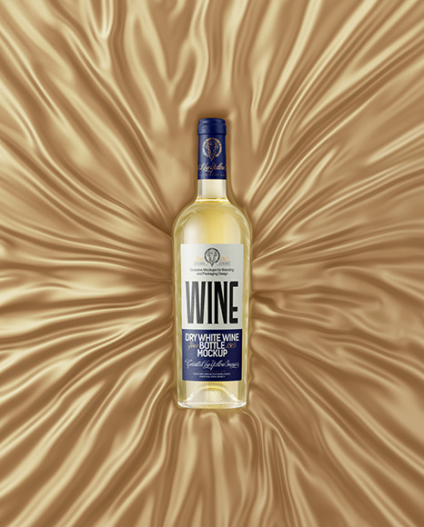 Clear Glass White Wine Bottle Lying on a Silk Cloth Mockup