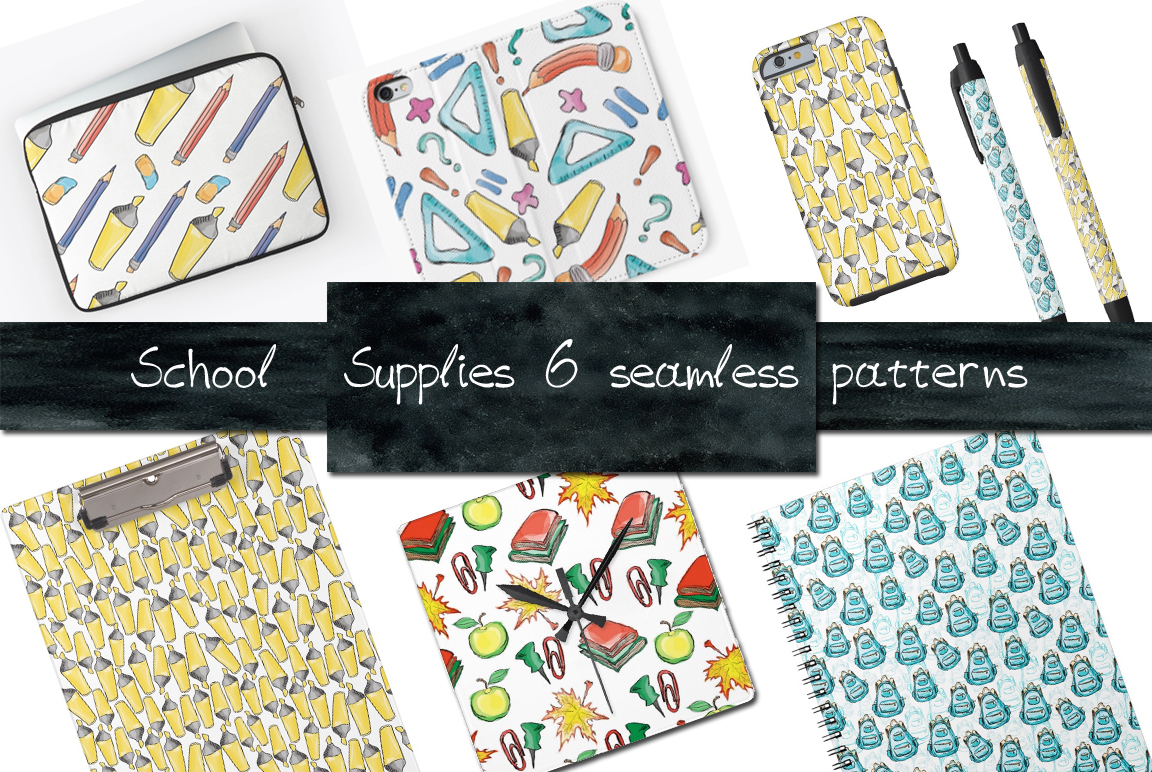 School supplies seamless patterns