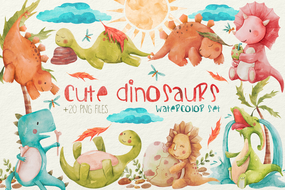 Watercolor Dinosaurs Clipart, WaterColor Dinosaurs PNG, Animals illustration