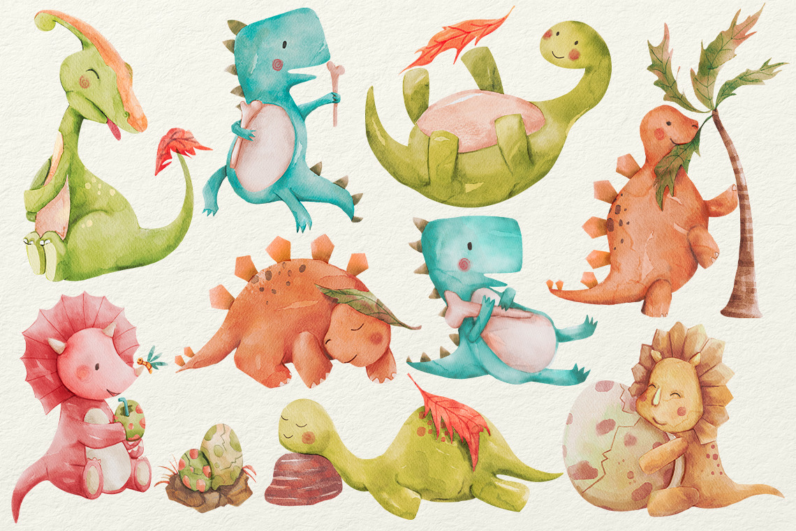 Watercolor Dinosaurs Clipart, WaterColor Dinosaurs PNG, Animals illustration