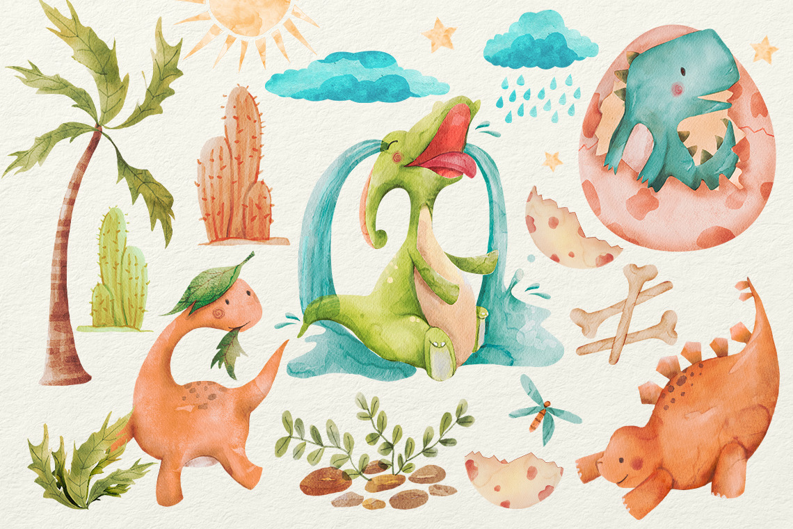 Watercolor Dinosaurs Clipart, WaterColor Dinosaurs PNG, Animals illustration