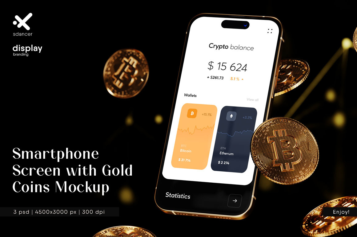 Smartphone Screen with Gold Coins Mockup Smartphone Screen with Gold Coins Mockup