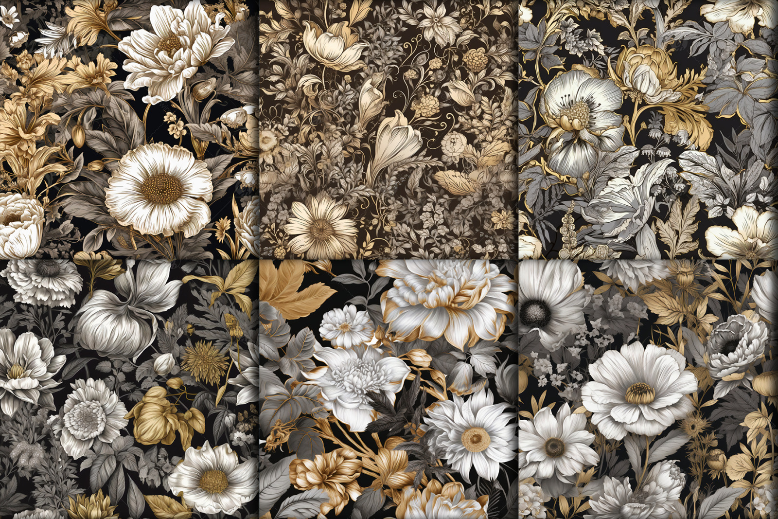 Golden, White &amp; Gray Flower Patterns - Set 01