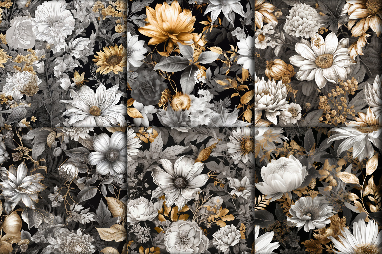 Golden, White &amp; Gray Flower Patterns - Set 01