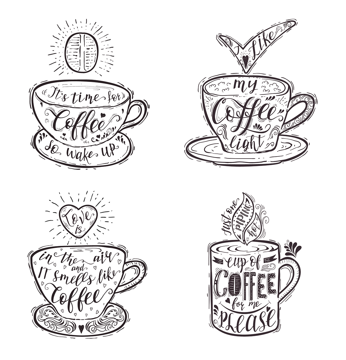 Set of Quotes for coffee. Lettering. Set of Quotes for coffee. Lettering.