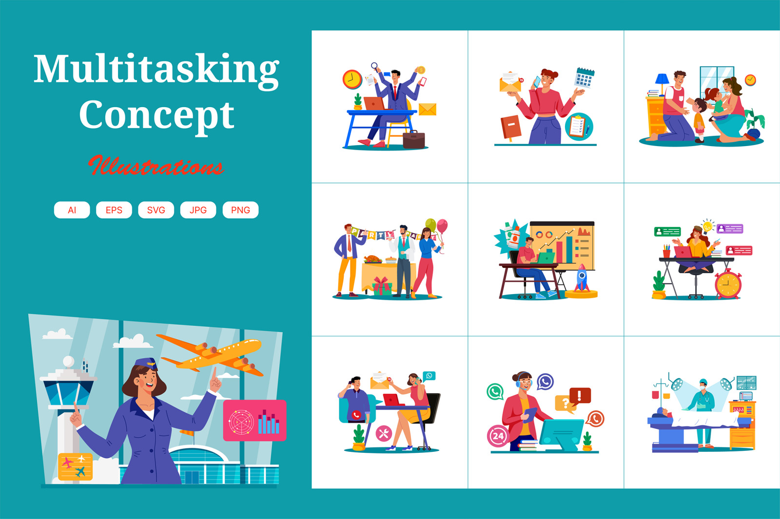 M729_ Multitasking Concept Illustration Pack M729_ Multitasking Concept Illustration Pack