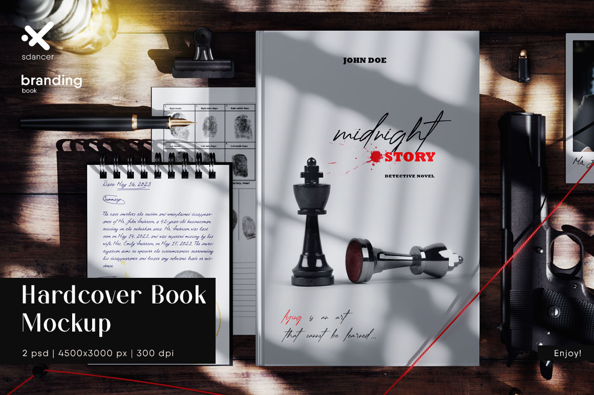 Hardcover Book Mockup for Detective Story Presentation Hardcover Book Mockup for Detective Story Presentation