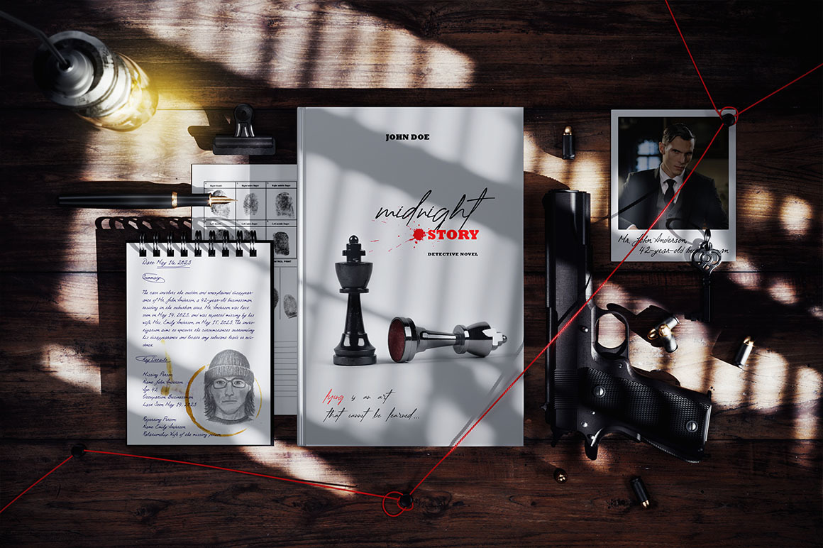 Hardcover Book Mockup for Detective Story Presentation Hardcover Book Mockup for Detective Story Presentation