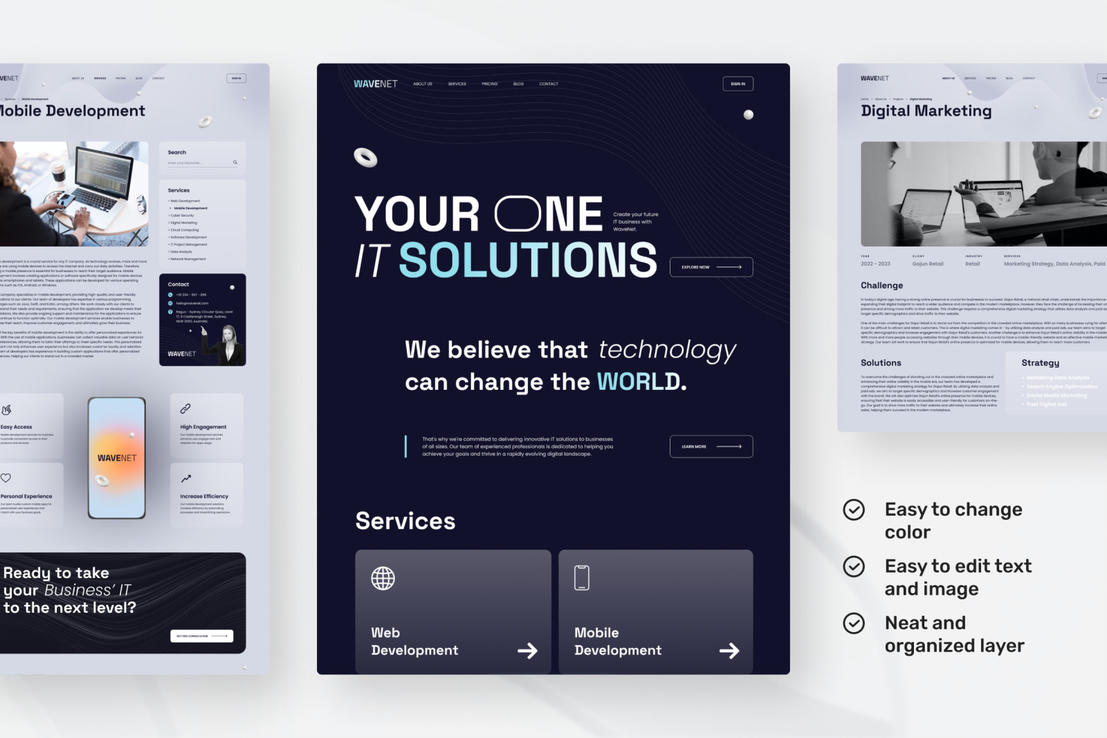 WaveNet – Night Blue Minimalist Futuristic IT Solutions &amp; Technology Website Design