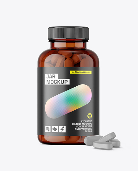 Amber Jar with Pills Mockup - Pills+Psd+Mockups