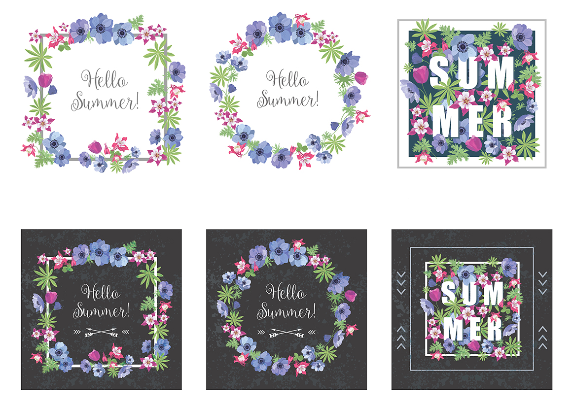 Set of flower, floral elements, frames, seamless patterns.